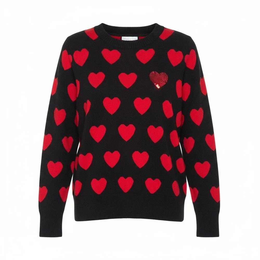 Charter Club Black Red Heart Sequin‎ Knit Sweater Crewneck Women’s Medium